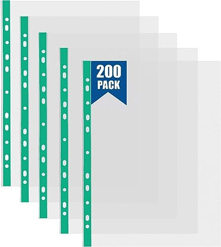200 Pcs Plastic Wallets A4 Punched Pockets A4 Clear 60 Micron Strong Plastic Wallet Sleeves, Top Opening Poly Pockets for Ring Binder Folders, Green Edge
