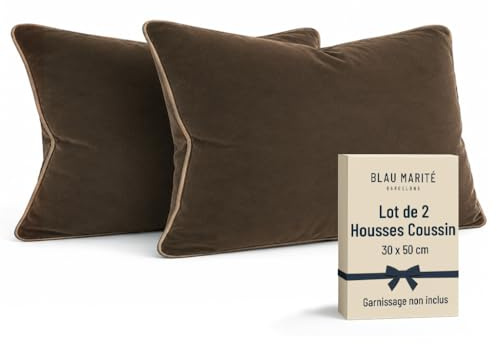 Blau Marité Kissenbezüge 30x50 cm – 2er Set aus weichem Samt – Dekokissen mit kontrastierendem Rand – Braun & Camel – Ohne Füllung