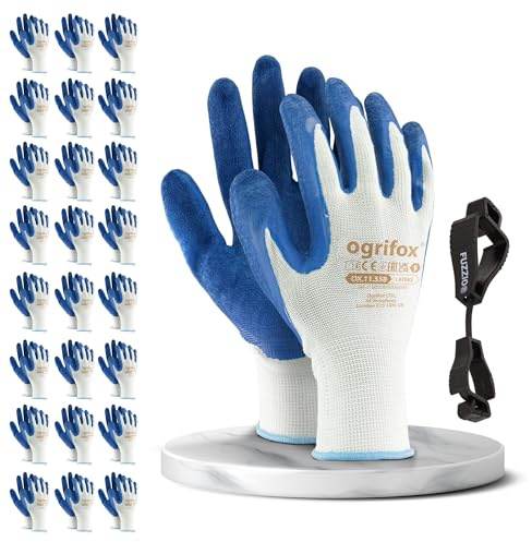 24 Paar Ogrifox Latex-besichtet Arbeitshandschuhe mit FUZZIO Handschuh-Klammern (XL-10, Schwarz)