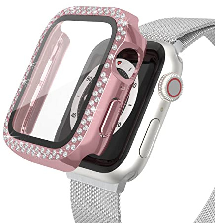 Worryfree Gadgets Bling Bumper Case para Apple Watch Series 7 de 41 mm, con protector de pantalla de vidrio templado integrado para mujeres y niñas (rosa rosa)