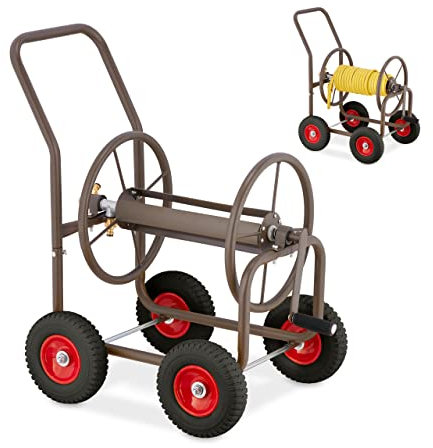 Relaxdays Carrello Avvolgitubo da Giardino, 4 Ruote in Gomma Piena, per Tubi da 60m, Raccordi a Scatto, Acciaio, Marrone