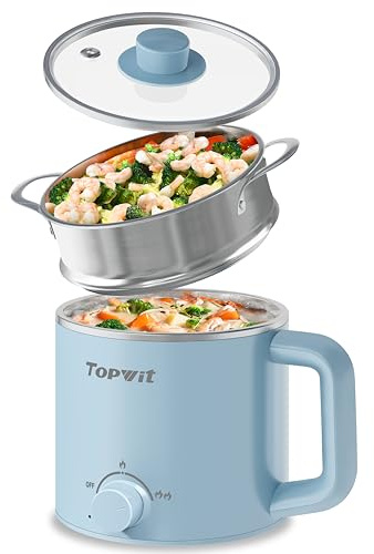 Topwit Hot Pot Electric with Steamer, 1.6L Ramen Cooker, Electric Pot for Pasta, Shabu-Shabu, Oatmeal, Soup and Egg, Portable Cooker with Dual Power Control, Dorm Room Essentials, Blue