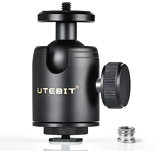 Rotule Photo, UTEBIT Tête Rotule de Trépied pour Fixation Appareil Photo Pivotante 360° avec Hot Shoe Mount, Adaptateur Ball Head Mount Support Moniteur/Micro/Lumière pour Monopode, Trépied