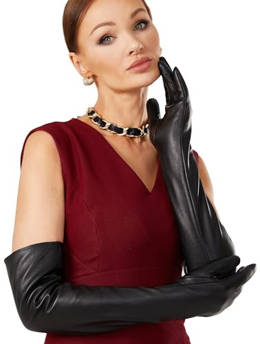 VIKIDEER Warme weiche lange Lederhandschuhe Frauen Plüsch gefüttert Voll Touchscreen Luxus Handschuhe für Abend Oper Arty Kostüm 23,6 ''