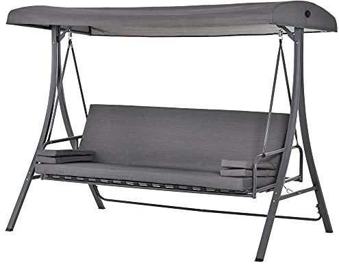 Outsunny 2-in-1 Garden Swing Seat 3 Seater, Outdoor Swing Chair with Adjustable Canopy, Garden Bench Lounger Hammock with Cushion, Pillow, Grey