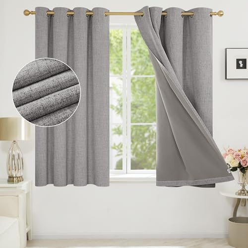 Deconovo Full Blackout Grey Curtains Eyelet, Faux Linen with Coating, Thermal Curtains for Bedroom, 46 x 54 Inch(W x L), Light Grey, One Pair