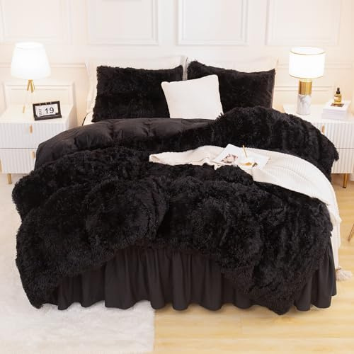 Andency Comforter Full Size Set Black, Fluffy Winter Faux Fur Warm Soft Plush Bedding Comforter Set (1 Velvet Comforter & 2 Pillowcases), Fuzzy Thick Heavy Puffy Comforters Bed Set