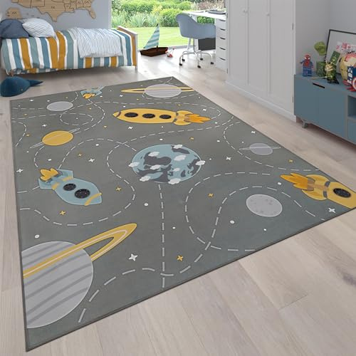 Paco Home Teppich Kinderzimmer Kinderteppich rutschfest Junge Mädchen Baby Spielteppich Rakete Planet Sterne Modern Waschbar Grau Blau Gelb, Grösse:240x340 cm