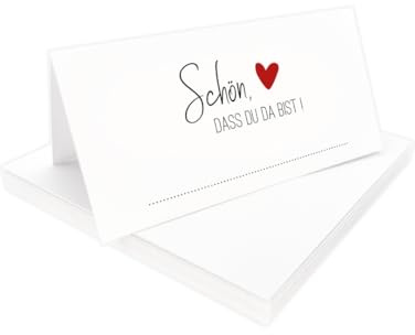 Tischkarten Schön, dass du da bist weiß mit Herz | Farbe wählbar | 25, 50, 100 Stück | selbst beschriften | Namensschilder, Platzkarten | für Hochzeit, Geburtstag uvm (Rot, 50)
