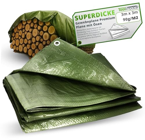 ToolSpace Bâche De Protection Imperméable Verte 3 X 3 M 90G/M² Polyéthylène Tissé Avec Œillets Métalliques Bords Renforcés Jardin Chantier Camping Bateau Remorque Bois Stockage Extérieur Terrasse Abri