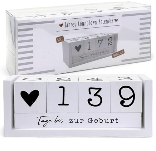 MIJOMA År nedräkningskalender av trä – permanent bordskalender med dekorativa kuber – upp till 432 dagar för speciella tillfällen (vit – tysk utgåva, ca. 18 × 7 × 5,5 cm)