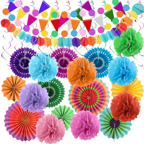 Pompon Papier de Soie, 47pcs Pompons Multicolore Décoration Anniversaire, Pompoms Fleurs en Papier de Soie, Décoration de Fête Colorée pour Fêtes Anniversaires et Carnavals