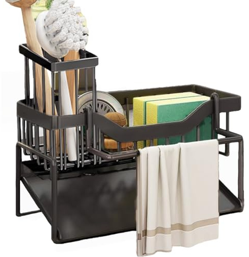Sponge Holder Kitchen Sink Caddy Organizer, 316 Stainless Steel Kitchen Soap Dispenser Caddy Organizer with Auto Drain Tray, Sink Rack for Kitchen & Bathroom Holding Sponge and Towel (mid)