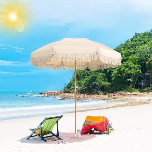 Sonnenschirm Strand 6ft Beige Großer Terrassenschirm Neigbarer Strandschirm Für Sand Fransen Außenterrasse Tischschirm UV-Schutz Tragbarer Hinterhofschirm Wasserdichter Gartenschirm 8 Streben Für Dra