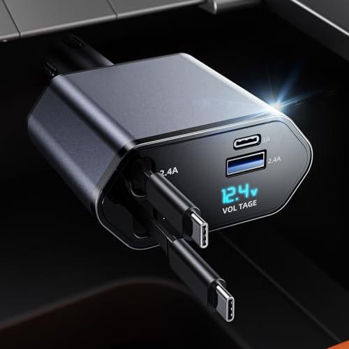 120W Retractable Car Charger 4 in 1 Fast Car Phone Charger Adapter,Double Type C Retractable Cables and 2 USB Ports Car Charger Compatible with iPhone 16/15/14/13/12/11 Pro max, Galaxy, Google Pixel