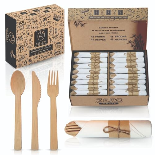 KOELHO'S Vorgerolltes Servietten- und Besteck-Set, 48 Stück, 192 Stück, Bambus-Einwegutensilien, 100 % biologisch abbaubar und umweltfreundlich, Holz-Besteck-Set für Partys, Hochzeiten und