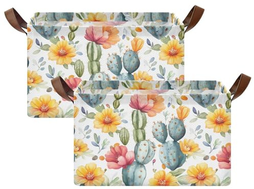miaozhen Nature Cactus - Cestas de almacenamiento grandes de estilo retro con asas, estantes de armario, libros, para estantes, armarios, libros, cesto para ba?o, paquete de 2