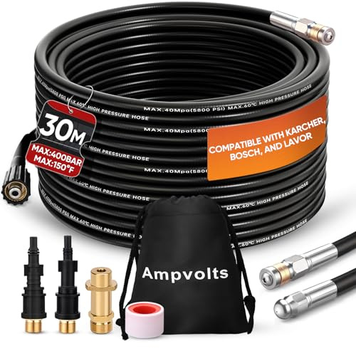 Ampvolts 30m sonda sturatubi per idropulitrice - 400 Bar/5800 PSI, Sonda Spurgatubi Compatibile con Karcher K2-K7, Lavor, Bosch Professional - Per una Pulizia Facile di Tubi e Lavandini Intasati