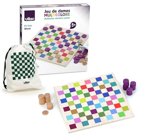 VILAC - Jeu de Dames Multicolore - Jeux de Société - 1 Plateau de Jeu en Bois Multicolore + 40 jetons en Bois - Jeux d'Eveil pour Enfant en Bois - Jouet pour Enfant Dès 3 Ans - 6116