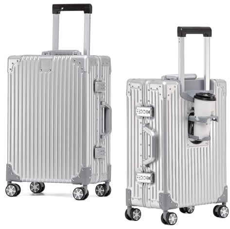 EclatVivid 1pc 24 inch 100% All Aluminum Large Suitcase, Zipperless Metal Suitcase, Full Aluminum Luggage with TSA Locks, Cup Holder(Silver, Checked in 24 inch)