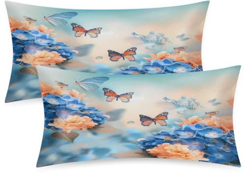 Mexpekil Blue Hydrangea Flower Butterfly 2 Pack Satin Pillowcase for Hair and Skin, Smooth Like Silk Pillowcases, Pillow Case Covers King Size 20x40 in for Bedroom