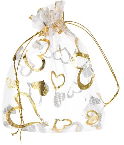QUARKZMAN Sacchetti Organza, 9 x 12cm, Buste Regalo con Coulisse Cuore in Rete Trasparente, Sacchettini Bomboniere Ingrosso, Sacchetti per Gioielli,(Bianco-Oro, 100Pz)