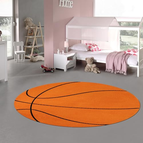 Teppich-Traum Kinderteppich Basketball Orange Schwarz Ø 140 cm | Pflegeleicht, strapazierfähig, weich und farbbeständig, hautsympathisch, OEKO-TEX geprüft, für Kinderzimmer