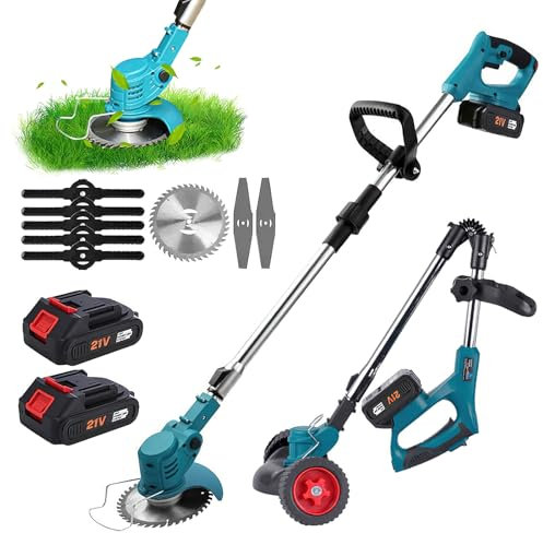Corte de borde inalámbrico, desbrozadora eléctrica inalámbrica, plegable, corte con batería y cuchilla de repuesto, cabeza ajustable y asa telescópica para césped jardín (2 baterías)