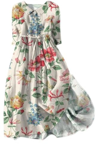 Women Bohemian Summer Dress Long Sleeve Plain Floral A Line Dresses Maxi Button Up Dress with Belt Occasion Summer Linen red Dresses, UK Size S-3XL