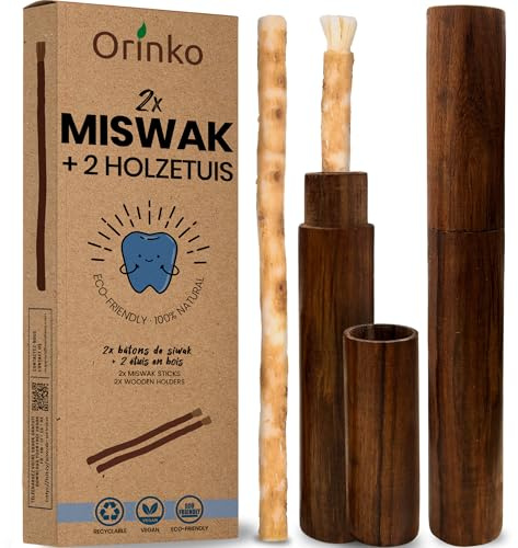ORINKO® Miswak Natural x2 con Estuche de Madera x2 - Cepillo de Dientes Ecológico para Blanqueamiento Dental - Raíz de Salvadora Persica para Higiene Bucal - Alternativa Cero Waste y Vegana