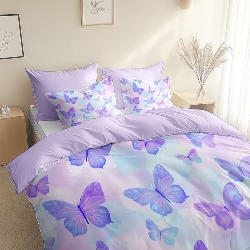 Juego de Funda Nórdica 3 Piezas Cama 90-150 x 220 cm Microfibra Extra Suave Transpirable Funda Edredó Sueño Mariposas Moradas Incluye 1 Funda nórdica y 2 Fundas de Almohada Lila Claro