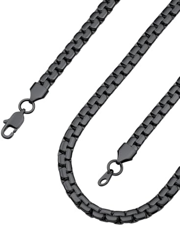 ChainsPro Silver Mens Necklace Chain, Stainless Steel Flat Box Chains for Men Women, Silver/Gold Plated/Black Necklaces, 6mm Wide, 14/18/20/22/24/26/28/30 Inch Hip Hop Jewellery