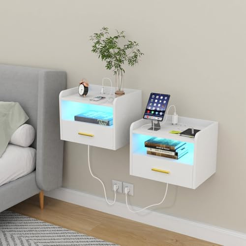 HaodaCulture Nachttisch 2er Set Hängend, Nachttisch Wandmontage, Schwebender, Offenes Fach Und Einer Schublade, Leuchte mit 16 Farben, 2 USB Anschlüsse, 2 Steckdosen, Wohnzimmer Schlafzimmer