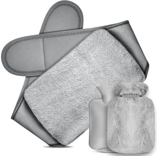 Gucass Borsa Acqua Calda 3 in 1, Borsa Dell'acqua Calda con Peluche Morbida Copertura e Cintura, 1 L Borse Acqua Calda in Gomma, per Collo e Spalle, Schiena, Gambe, Vita Calda (Grigio)