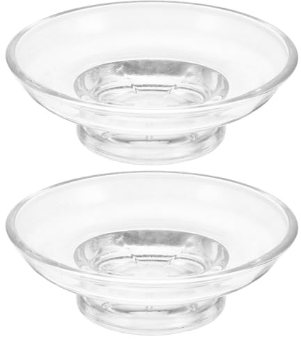 Ciieeo 2pcs Clear Glass Soap Dish Round Transparent Shower Soap Holder for Bathroom Counter Kitchen Sink Elegant Drainage Tray and Small Items Easy to Clean and Compact Design