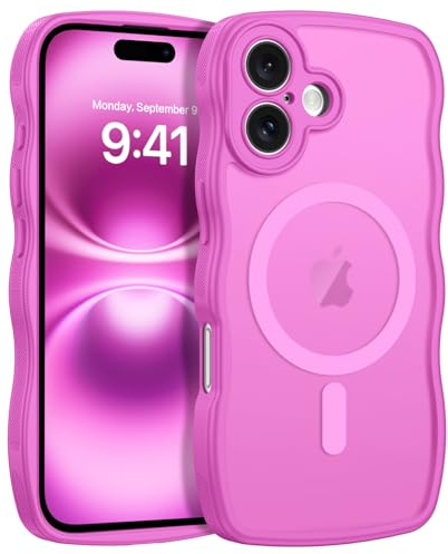 GUAGUA Cover per iPhone 16, Compatibile con MagSafe, TPU Bordi Curvi Ondulati PC Opoca Custodia Magnetica con Labbra Rialzate Antiurta Anticaduta Protettivo Case, Rosa Fucsia