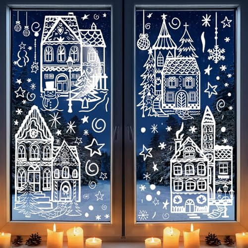 Fensterbilder Weihnachten, Weiß, Fensterdeko Weihnachten | Wiederverwendbar Fenstersticker, Weihnachtens mit Häuser für Winter Fenster, Weihnachtens deko