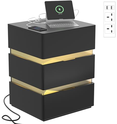 Karl home Black Bedside Table with Charging Station & 3 Drawers, Nightstand Bedside Cabinet with LED Lights, Wooden Side Table for Bedroom, Living Room, Office (42x38x59cm)
