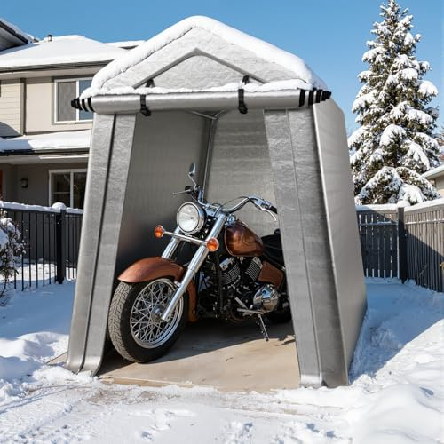 LINKHOO 6 x 8 FT Carport, Portable Shed w/220G Heavy Duty Waterproof PE Tarp, Roll-up Zipper Door & Vent, Weather-Resistant Storage Shed for Motorcycle, Bike and Tools, Gray