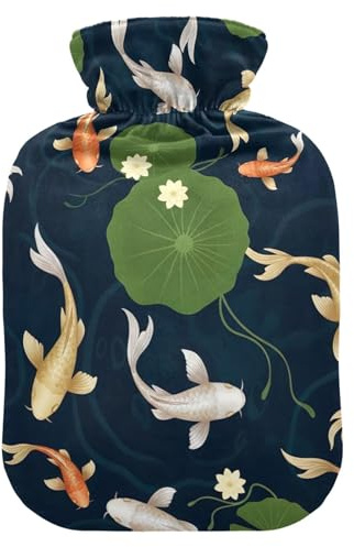 Fish Green Lily Pads Hot Water Bottles with Soft Velvet Cover Hot Water Bag for Neck, Shoulder and Menstrual Cramps Medium