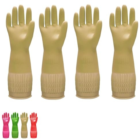 Spülhandschuhe-2/4 Paar schwere Gummihandschuhe mit rutschfestem Griff,wasserdicht,wiederverwendbar,extra lange Manschetten für Geschirrspülen,Haushaltsreinigung,Autowaschen&Gartenarbeit(Beige,4Stück)