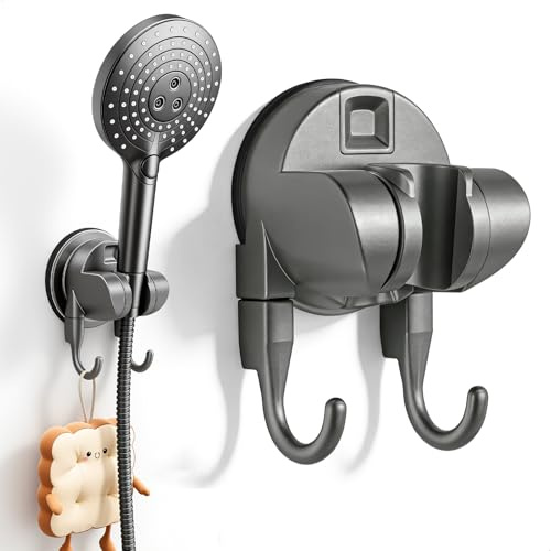 Support Pommeau de Douche Ventouse, Accroche Pommeau de Douche Réglable, Support Douchette Mural avec 2 Crochets, Réutilisable Porte Douche Sans Percage pour Salle de Bains