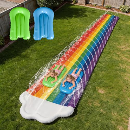 Water Slide Mat, TGKYK 15.7ft/480cm Slip Slide With 2 Bodyboards, Water Slides with Sprinkler, Double Lane Slip and Slide Water Slide for Kids Adults Outdoor Water Play Activities (Rainbow)