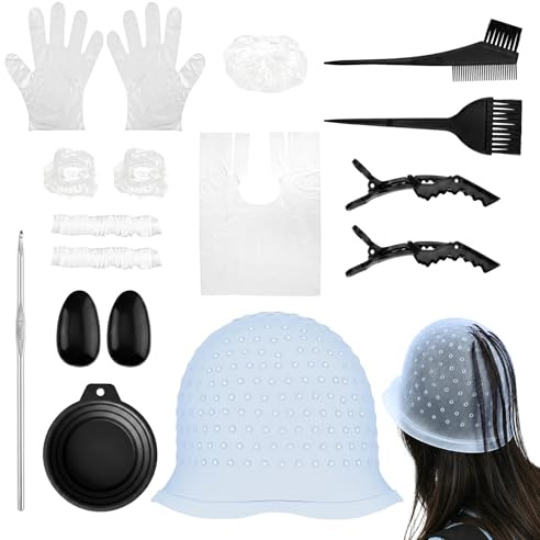Set di 12 cappucci per colorare i capelli in silicone con fori, accessori per la colorazione dei capelli con pennelli, ciotola pieghevole e ago, per parrucchiere, evidenziazione esatta personale (blu)