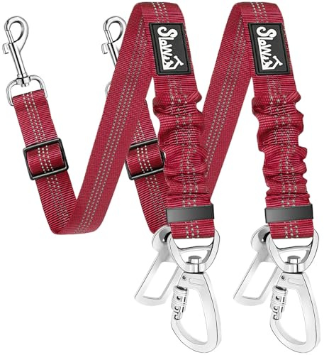Eyein Dog Seatbelt for Cars, 2 Pack Adjustable Elastic Dog Car Seat Belt | Bungee Buffer, Heavy Duty Nylon, Reflective Pet Safety Tether Connect to Dog Harness for Travel Riding in Vehicle (Red)