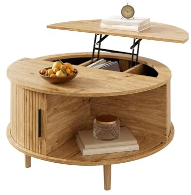 HAINEW Runder Couchtisch Wohnzimmertisch mit Höhenverstellbarer Tischplatte und Schiebetür, Sofatisch Beistelltisch Kaffeetisch mit Abgerundete Ecken, 80×80×59cm, HD26052604 (Eichenfarbe)