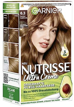 Garnier Nutrisse Dauerhafte Pflege-Haarfarbe mit nährenden Fruchtölen, Coloration mit 8 Wochen Halt, Ultra Crème Tönung, 63 Dunkles Goldblond