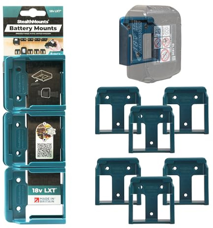 StealthMounts Blue Battery Mounts Compatible with Makita 18V LXT – 6 Pack Wall & Bench Battery Holders | Power Tool Battery Storage Organiser | Heavy Duty ABS | Made in the UK