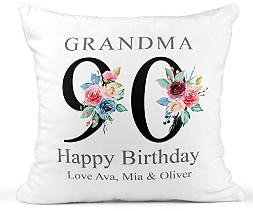 90th Birthday Gift for Women, Personalised Cushion/Pillow with Kids Names and Floral Design, Birthday Gift for Mum, Birthday Gift For Nanny/Grandma, 1931