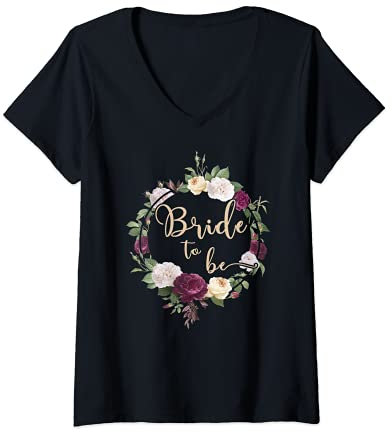Damen Braut Bride to be Blumenkranz JGA Hochzeit Geschenk T-Shirt mit V-Ausschnitt